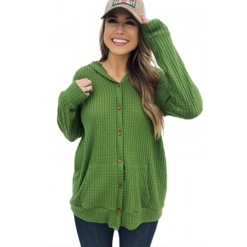 Black Open Front Pocket Button Down Knit Cardigan Coat Green Red